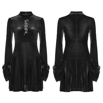 PUNK RAVE OPQ-427 Knee Length Black A shape collect waist Long Sleeve scrub black nebula buckle Velvet Embroidery Dress